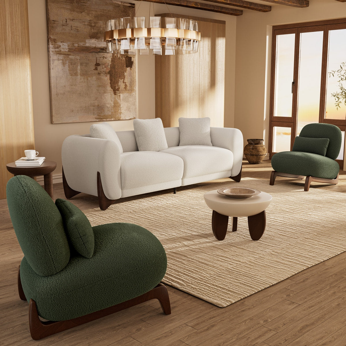 Modern living room with a white sofa, green armchairs, and a coffee table.
