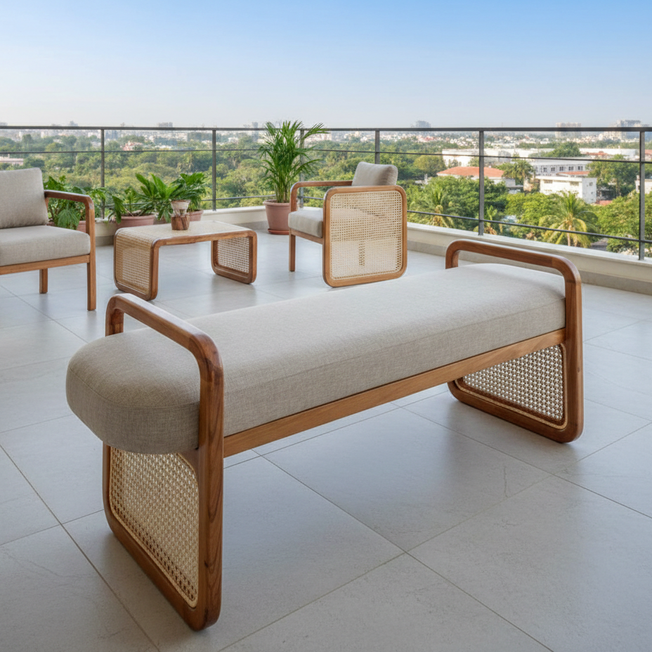 Modern outdoor furniture set on a balcony with a cityscape view