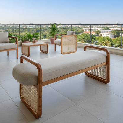 Modern outdoor furniture set on a balcony with a cityscape view