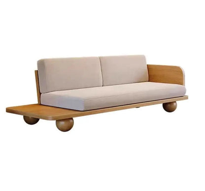 Modern sofa with wooden frame and beige cushions on a white background
