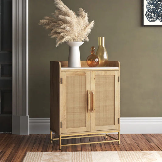 Modern solid sheesham wood bar cabinet with glass storage, featuring a white vase with a feather on top and a bottle inside the cabinet.