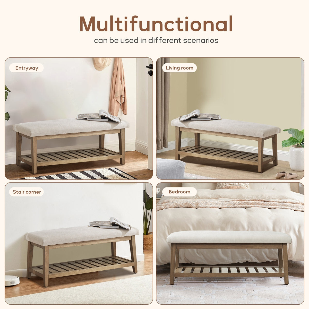 Multifunctional bench shown in various room settings with text indicating its versatility.