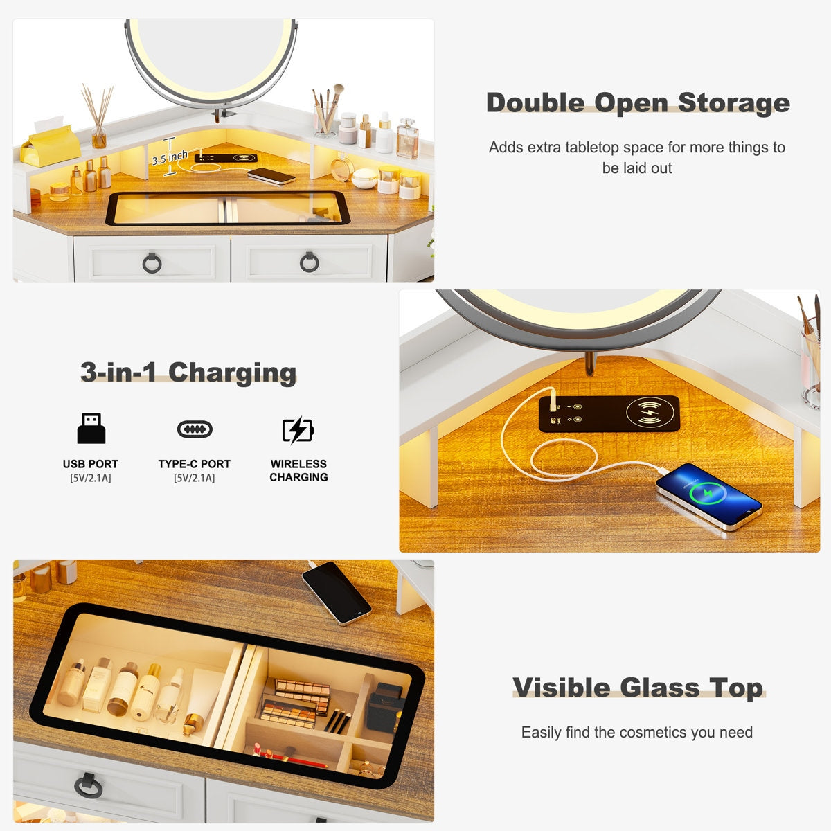 Multifunctional desk with storage, charging ports, and glass top.
