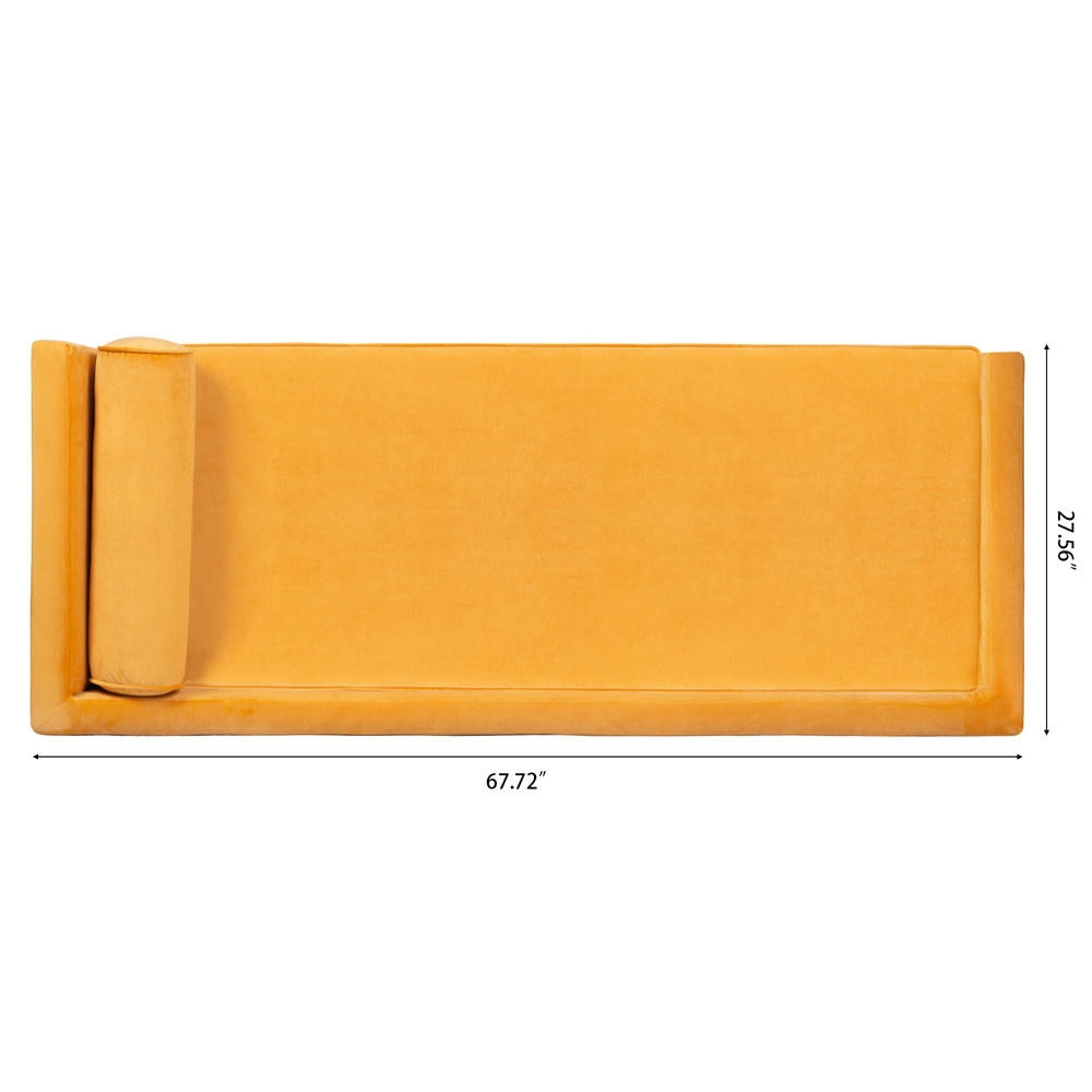 Mustard yellow couch with dimensions on a white background