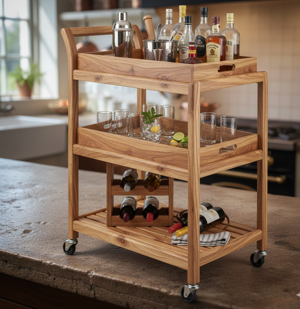 Wooden bar cart with bottles and glasses in a kitchen setting