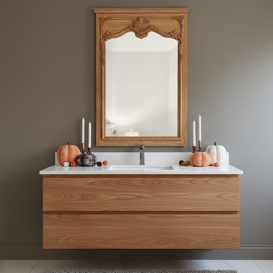 Wooden bathroom vanity with mirror and decorative items on a gray wall.