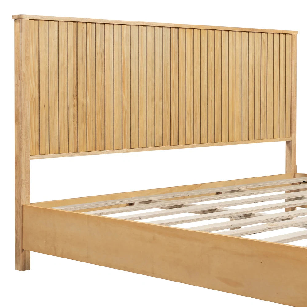 Wooden bed frame with slatted design on a white background
