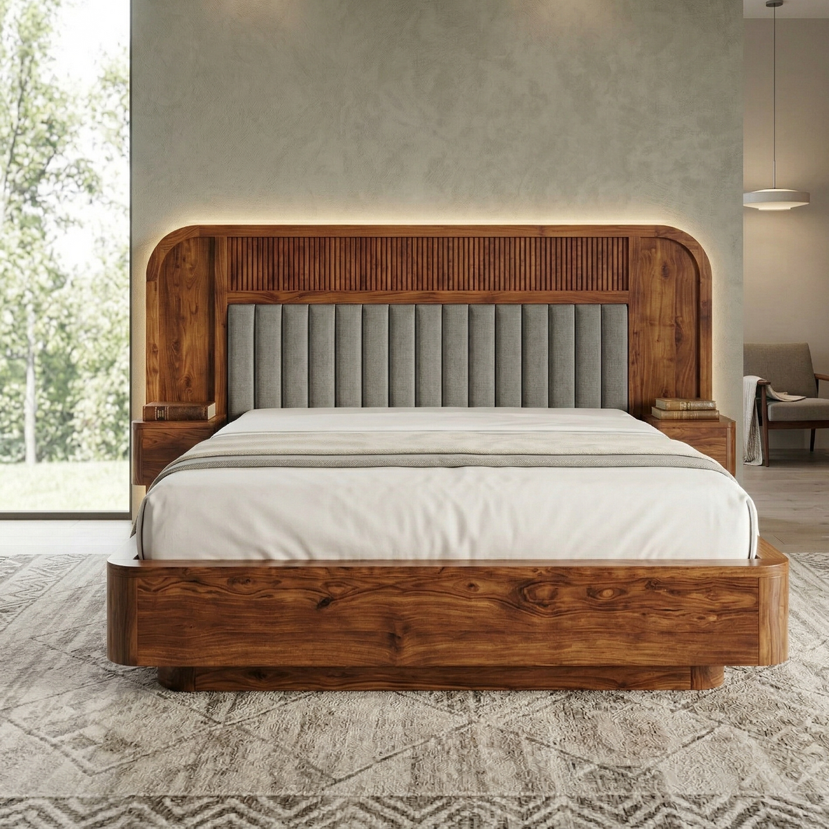 Wooden bed with gray upholstered headboard in a room with large windows.