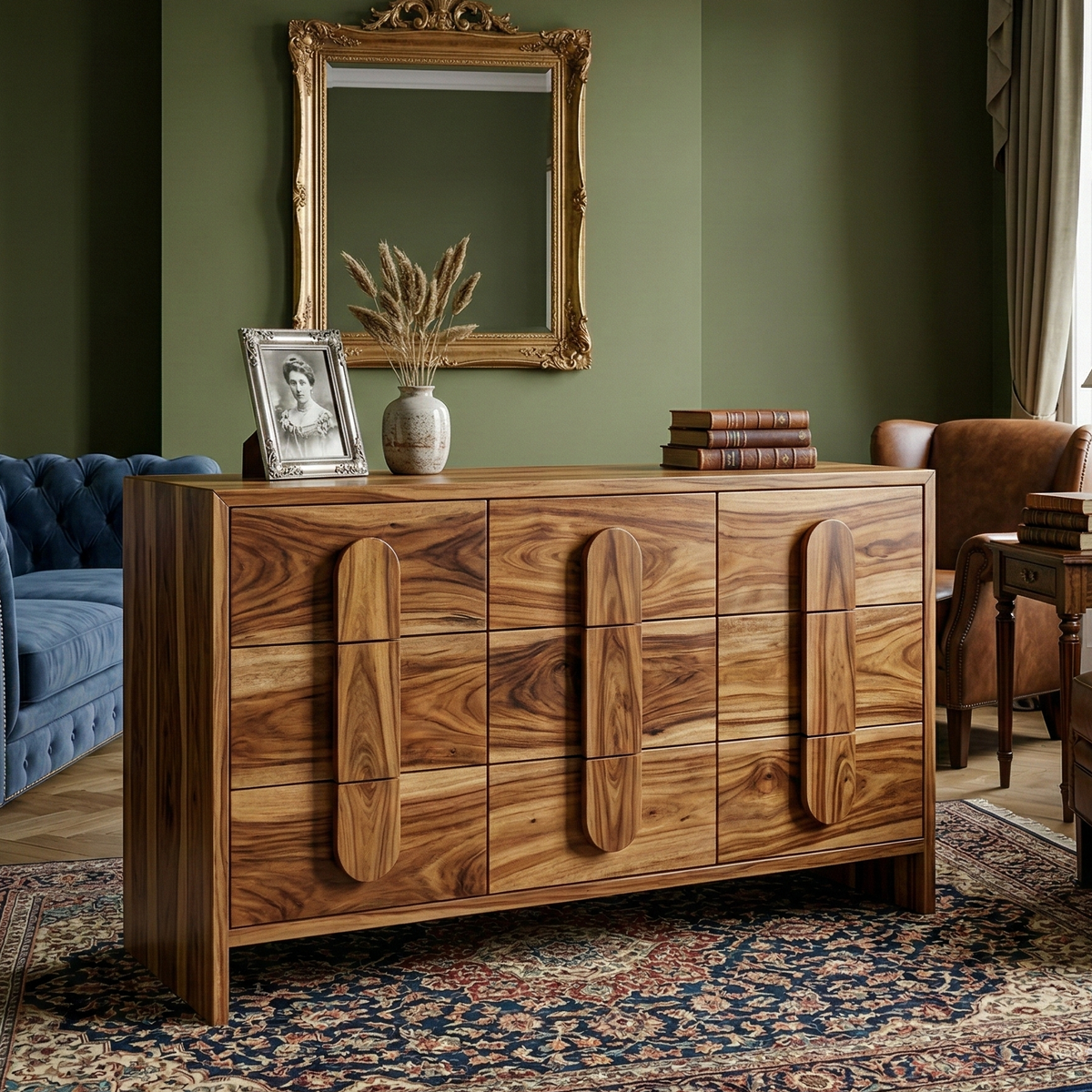 Wooden dresser with decorative items in a room with green walls and a patterned rug.