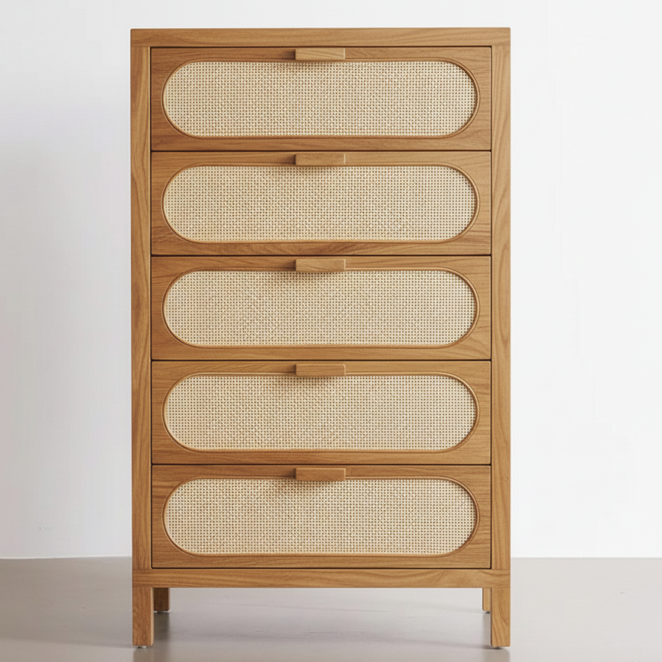 Wooden dresser with woven design on doors against a white background
