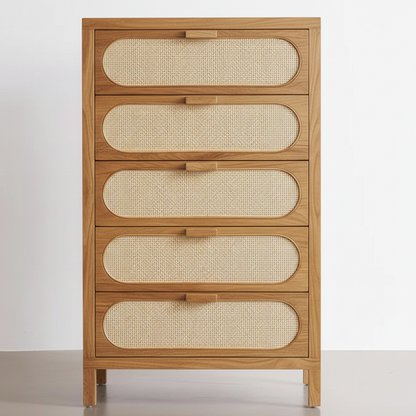 Wooden dresser with woven design on doors against a white background