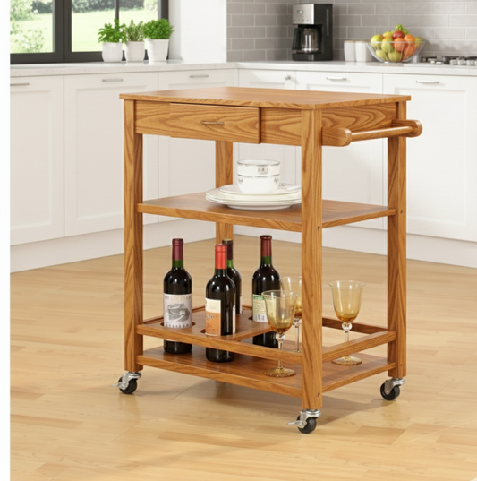 Wooden kitchen cart with wine bottles and glasses in a kitchen setting