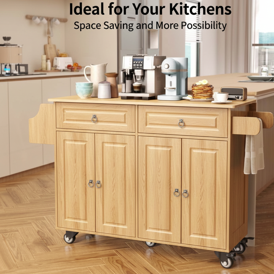 Wooden kitchen island with storage drawers and cabinets in a modern kitchen setting.