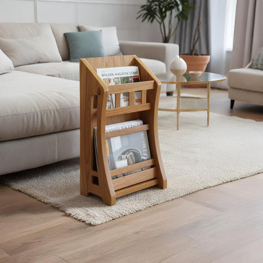 Wooden magazine rack with books in a living room setting