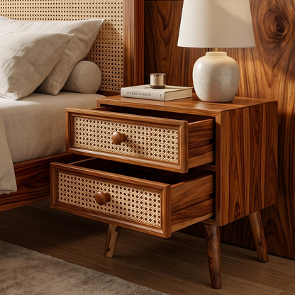 Wooden nightstand with wicker drawers next to a bed with pillows and a lamp.
