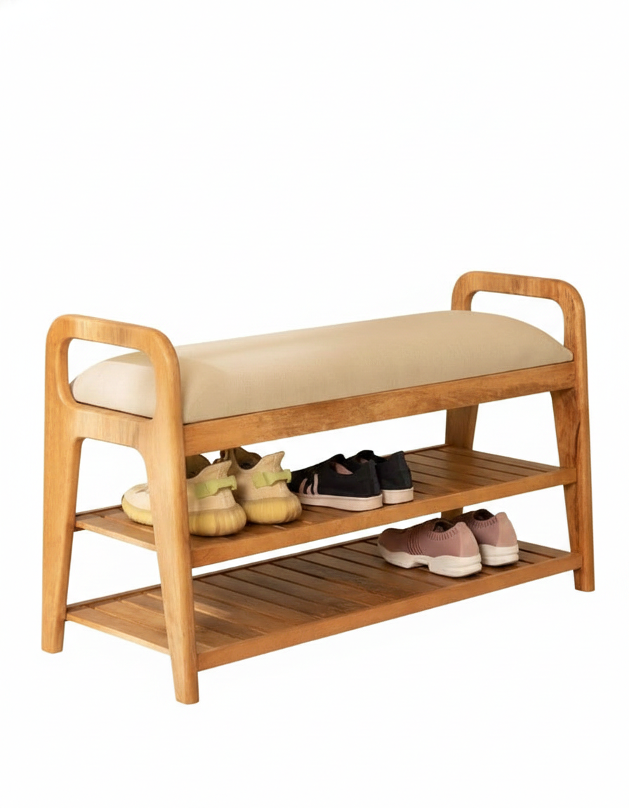Wooden shoe bench with a cushioned seat and shoe storage shelves on a white background