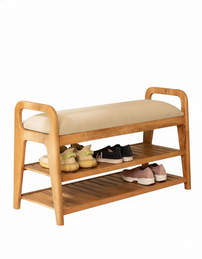 Wooden shoe bench with a cushioned seat and shoe storage shelves on a white background