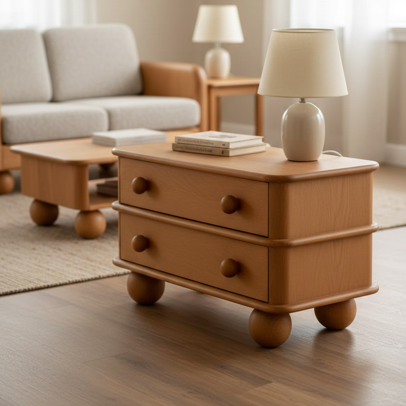 Wooden side table with two drawers in a living room setting