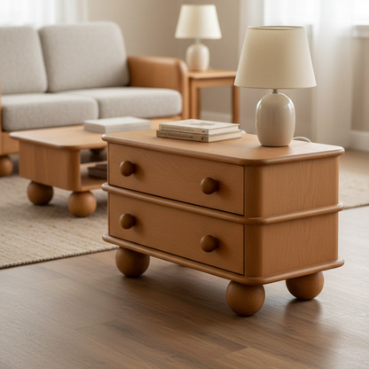 Wooden side table with two drawers in a living room setting