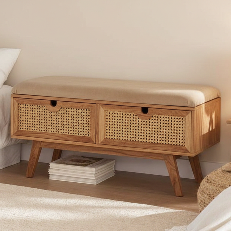 Wooden storage bench with woven design in a bedroom setting