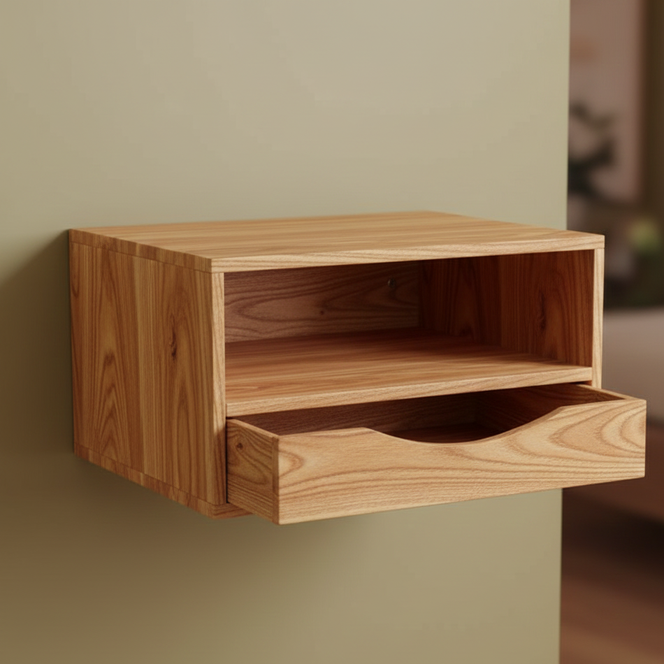 Wooden wall-mounted shelf with a drawer against a green wall