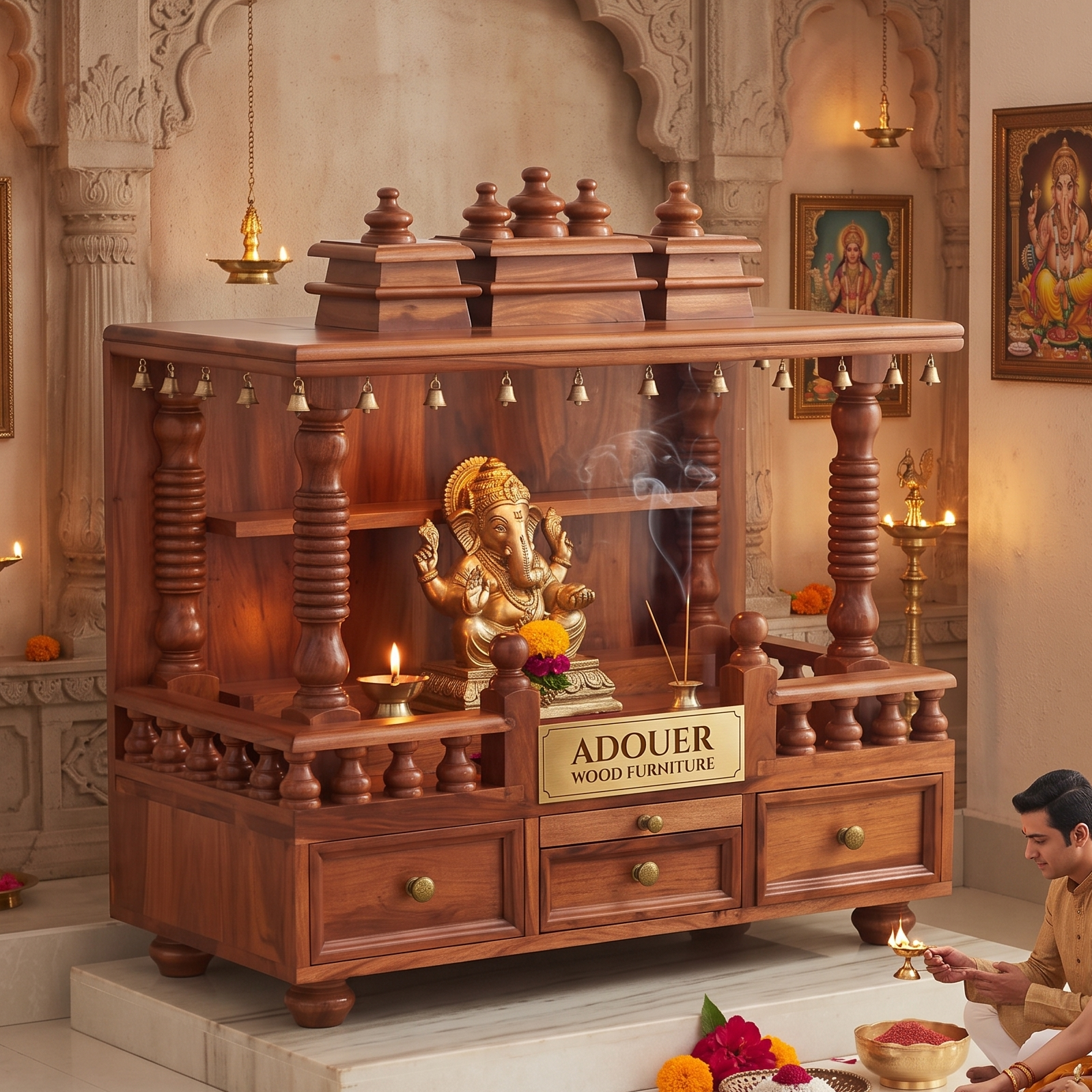 A large carved wooden Ganesh idol stand in a temple-like interior, with a gold Ganesh statue in the center, incense, hanging lamps, and a seated man lighting a diya in the lower right corner. The front has drawers and a sign reading 'ADQUER WOOD FURNITURE'.