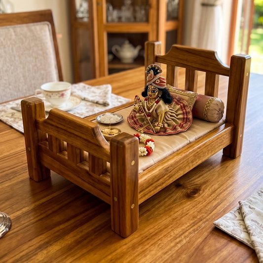 A miniature wooden bed or platform with a cushioned seat and backrest, styled with a decorative figurine, small tray, and floral garland on a wooden dining table in a real indoor setting.