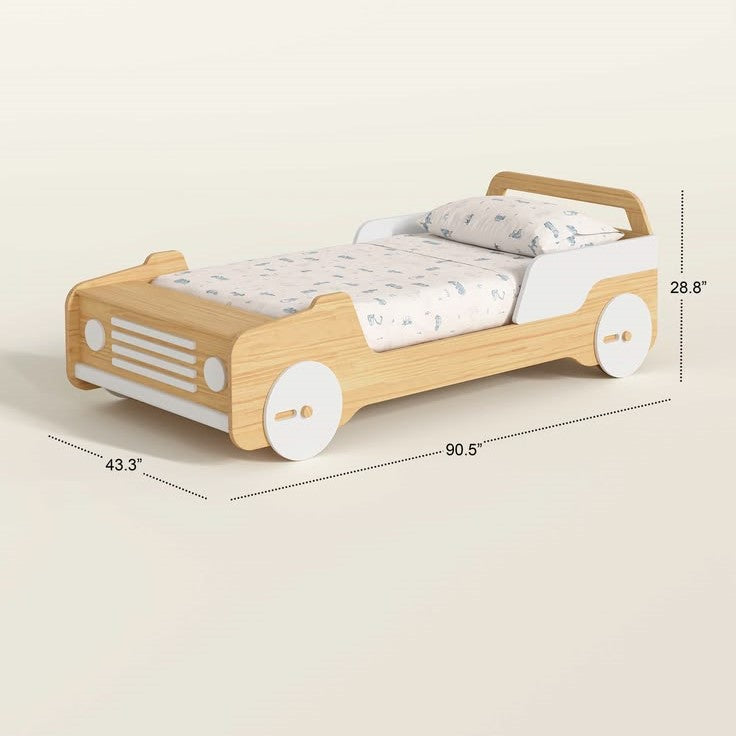 Children's bed designed like a car with dimensions indicated on a beige background