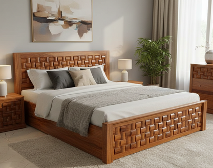 Wooden bed with woven design in a bedroom setting