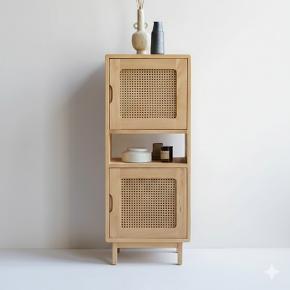 Wooden cabinet with rattan doors on a white background