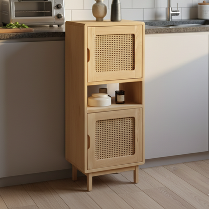 Wooden cabinet with wicker doors in a kitchen setting