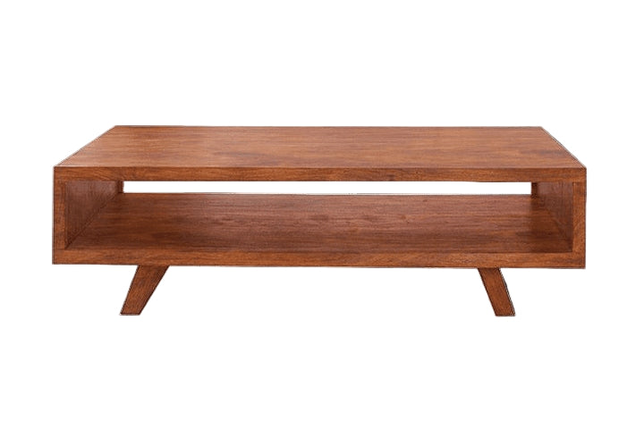 Wooden coffee table with a shelf on a white background