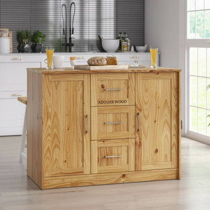 Wooden kitchen island with 'ADOUER WOOD' branding in a modern kitchen setting.