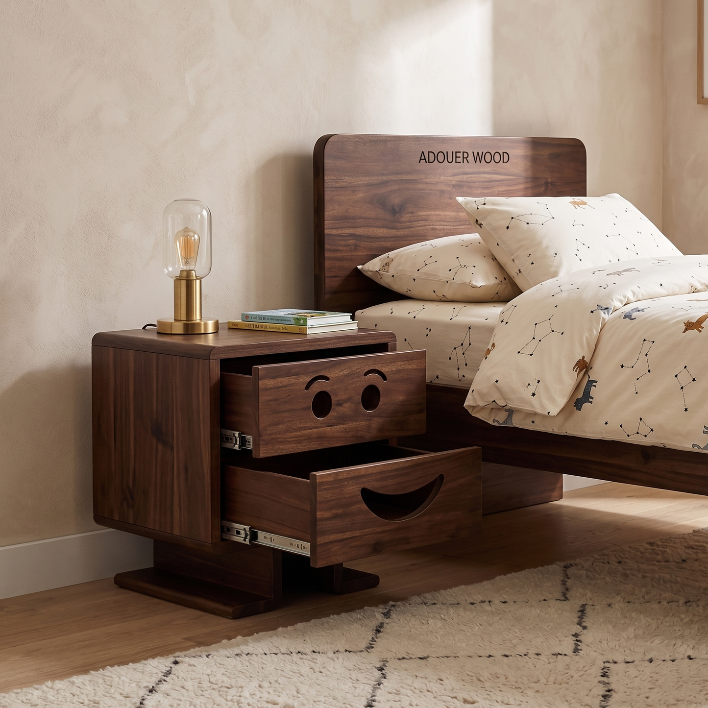 Wooden nightstand next to a bed with 'ADOUER WOOD ' branding.