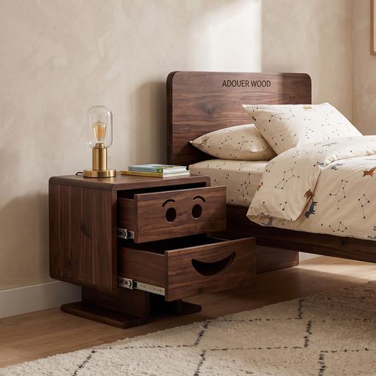Wooden nightstand next to a bed with 'ADOUER WOOD ' branding.