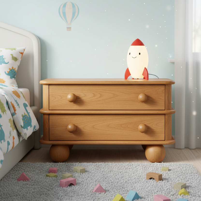 Wooden nightstand with a rocket-shaped lamp in a child's bedroom