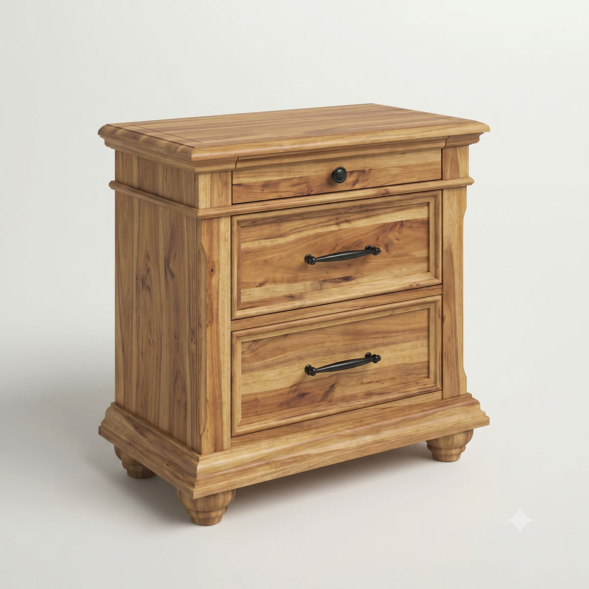 Wooden nightstand with three drawers on a white background