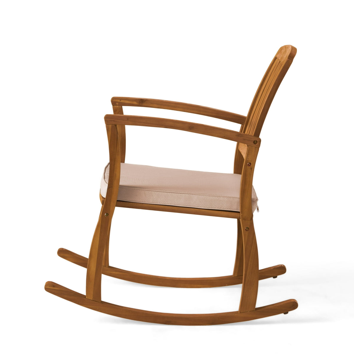 Wooden rocking chair with beige cushion on a white background