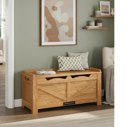 Wooden storage bench in a room with a green wall, framed abstract art, and shelves.