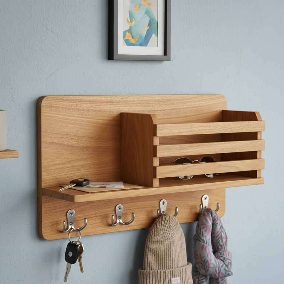 Wooden wall-mounted organizer with shelves and hooks on a light blue wall.