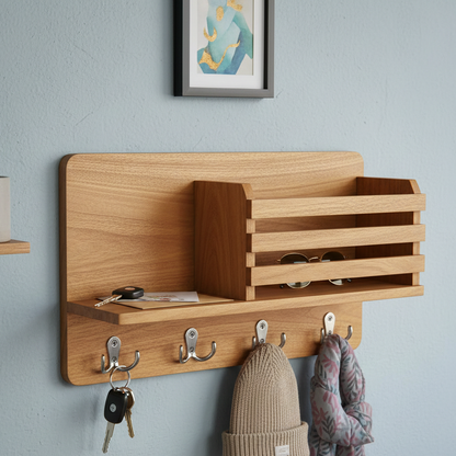 Wooden wall-mounted organizer with shelves and hooks on a light blue wall.