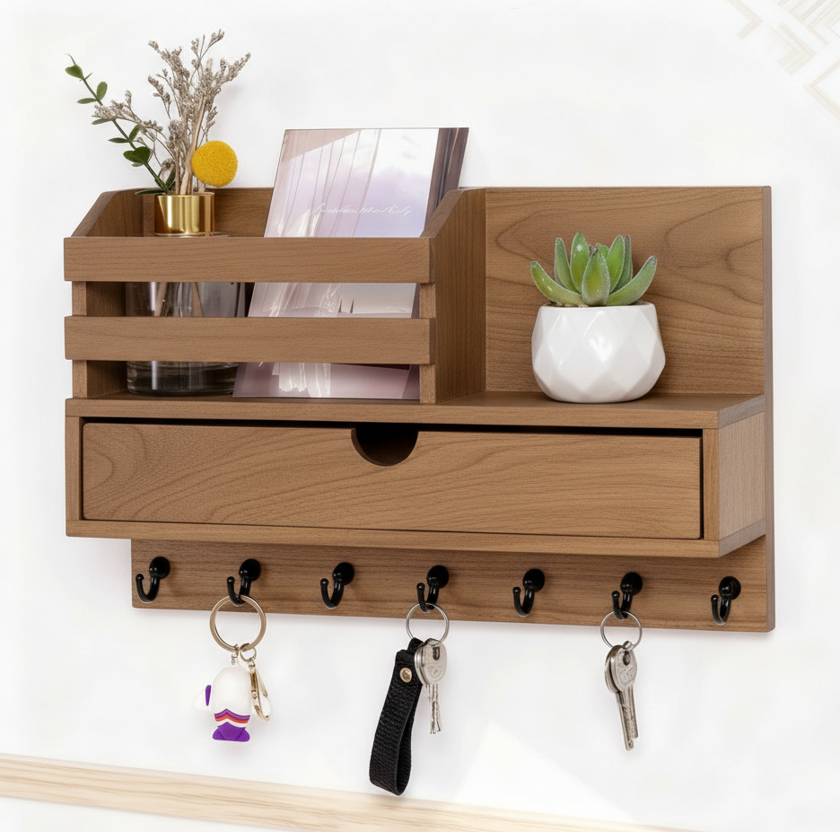 Wooden wall-mounted shelf with a drawer and hooks, holding decorative items.
