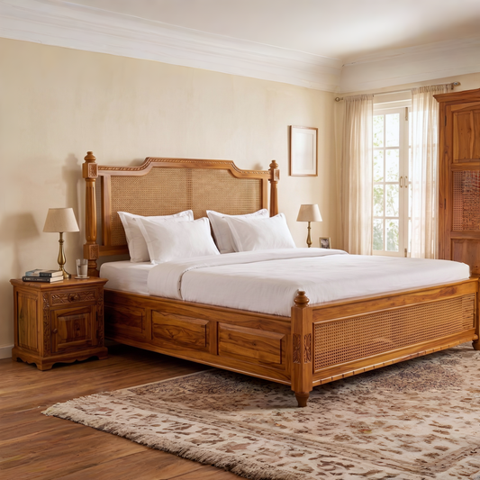 Wooden bed with white bedding in a bedroom setting