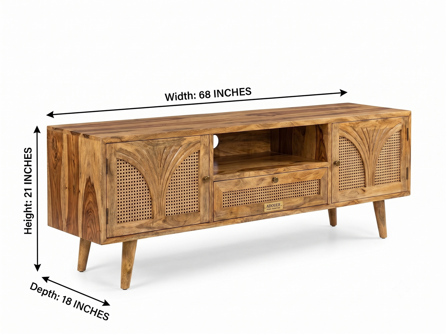A wooden TV stand or media console shown on a white background with dimension arrows and labels indicating width 68 inches, height 21 inches, and depth 18 inches.