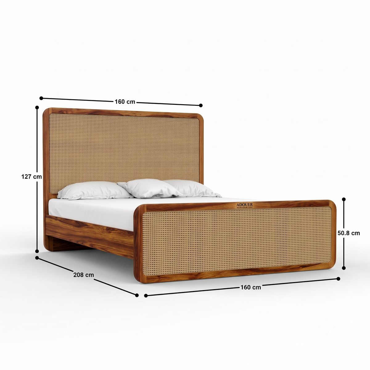A wooden bed frame with a woven cane headboard and footboard, shown with dimension lines and labels indicating measurements of 160 cm width, 127 cm height, 208 cm depth, and 160 cm footboard width. 