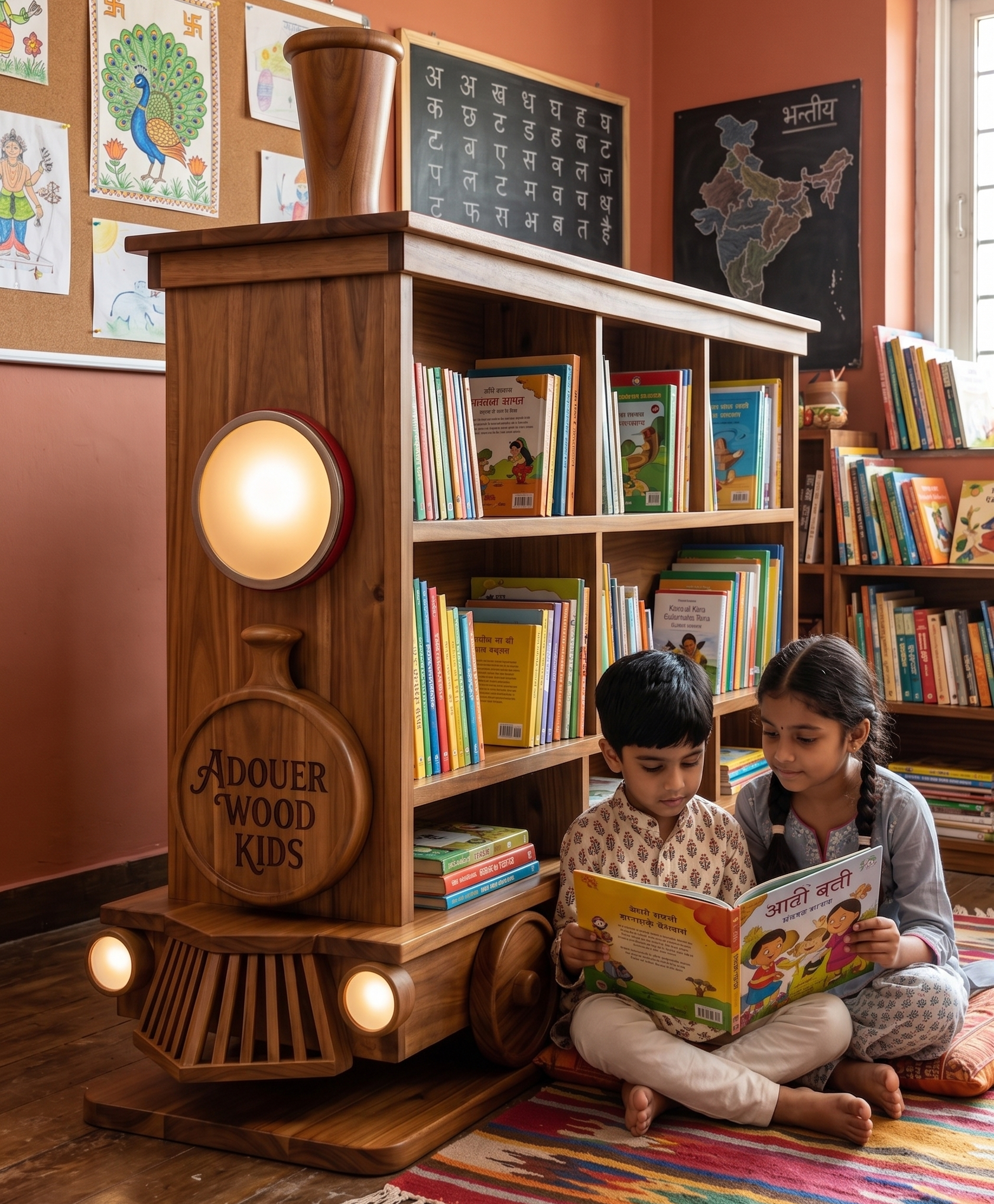 Children reading a book in front of a wooden bookshelf with books and decorative elements.
