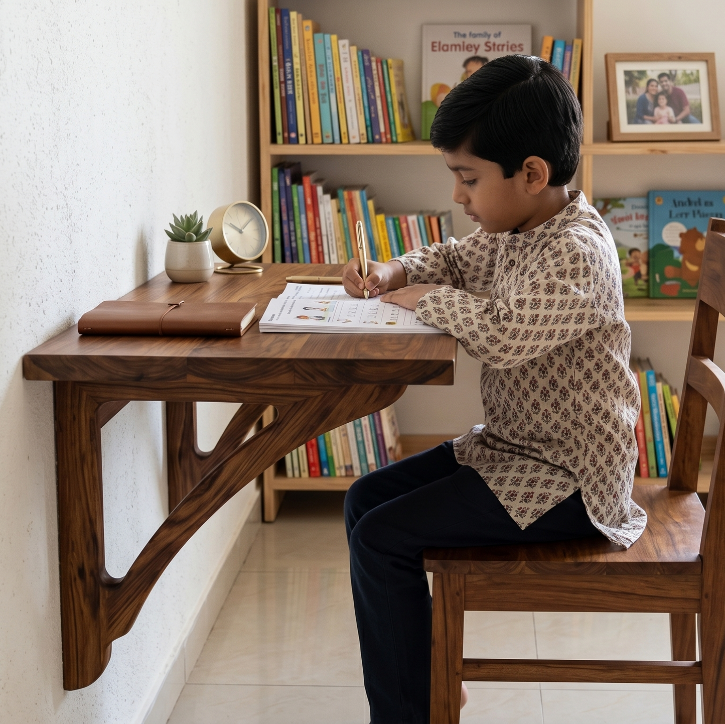 Child sitting at a wooden desk with books and a clock in the background