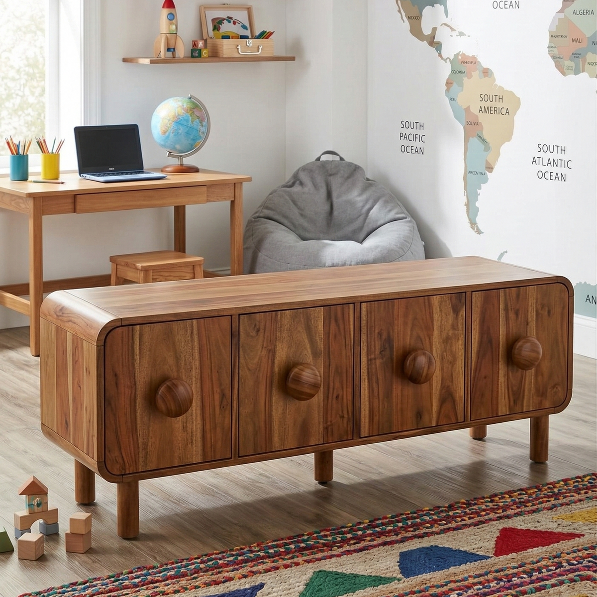 Wooden cabinet with drawers in a room with a desk, bean bag chair, and world map.