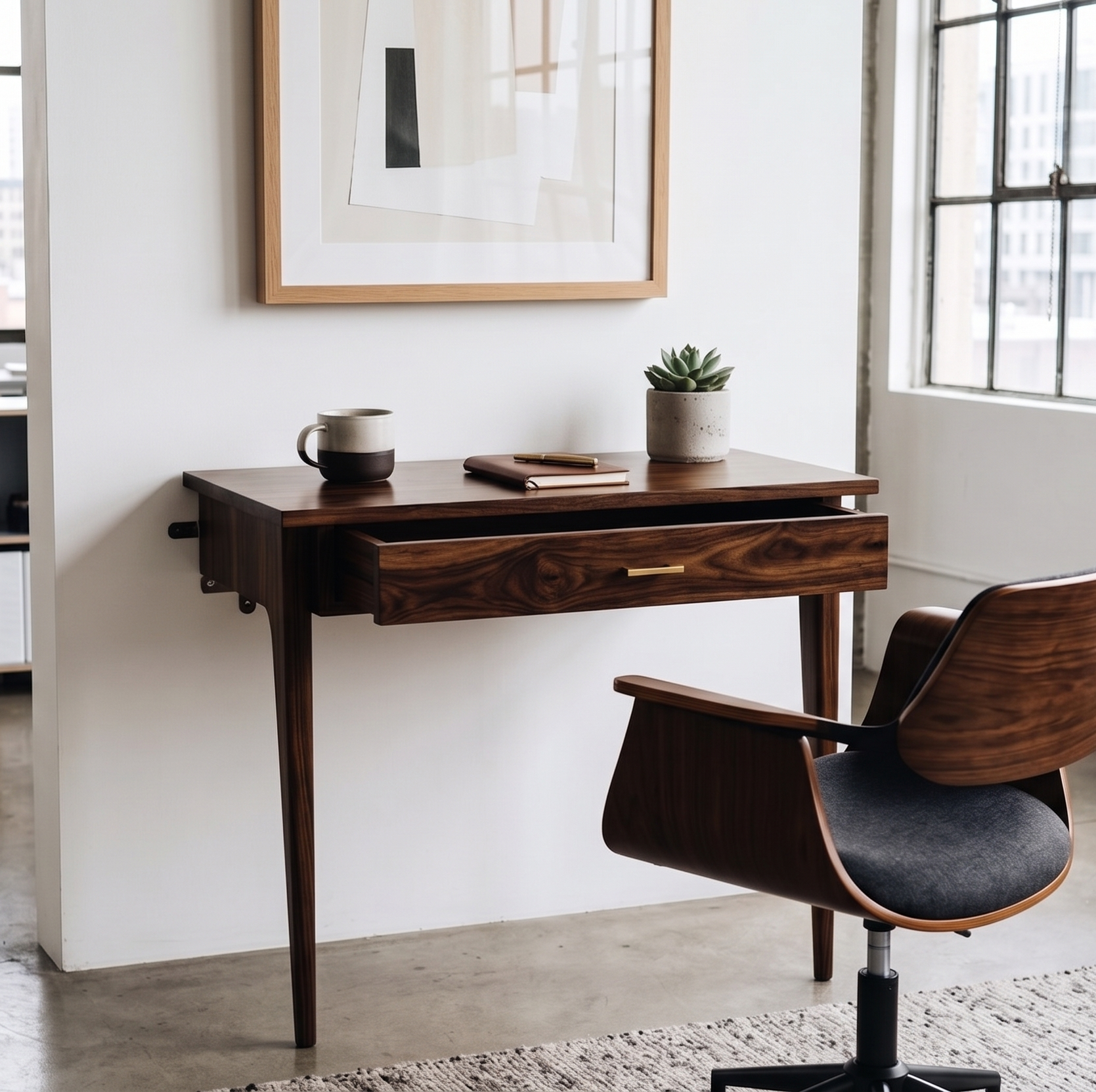 Natural Wooden desk with chair in a room with a window and framed picture.