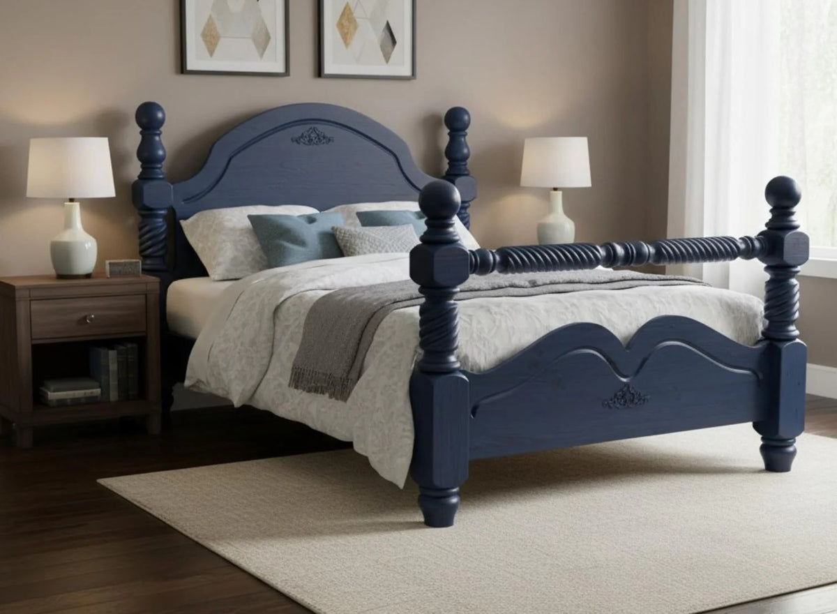 Navy blue bed with white bedding in a bedroom setting